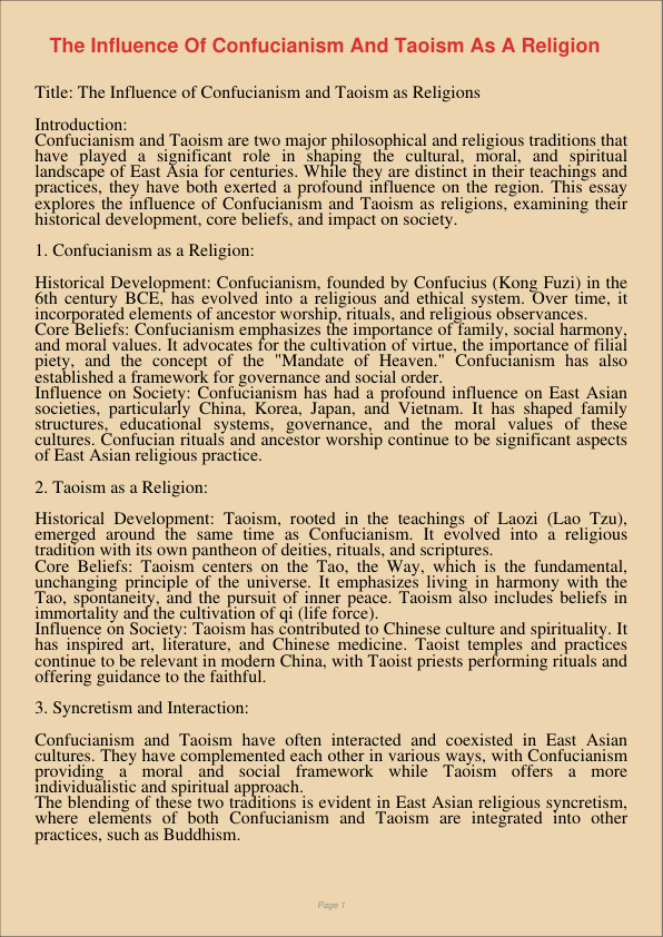 The Influence Of Confucianism And Taoism As A Religion