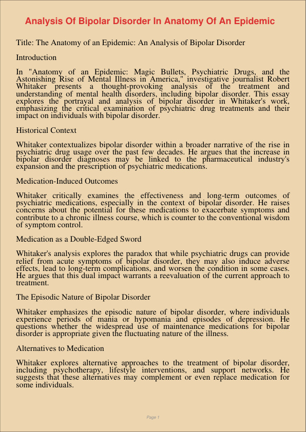 Analysis Of Bipolar Disorder In Anatomy Of An Epidemic