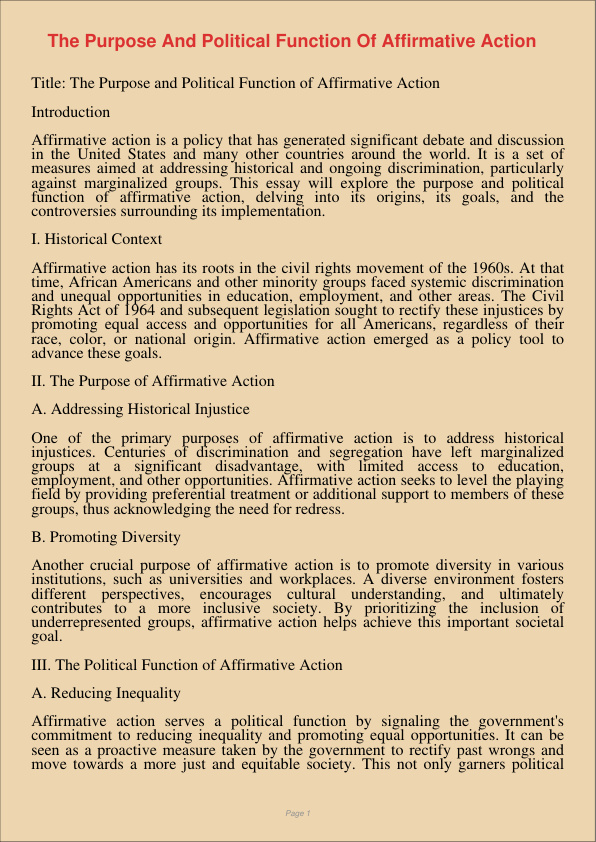 The Purpose And Political Function Of Affirmative Action