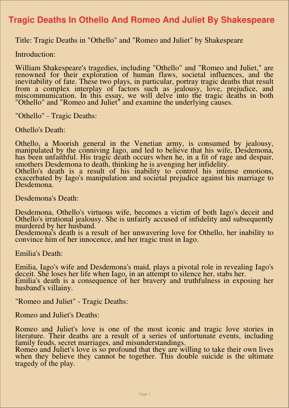 Tragic Deaths In Othello And Romeo And Juliet By Shakespeare